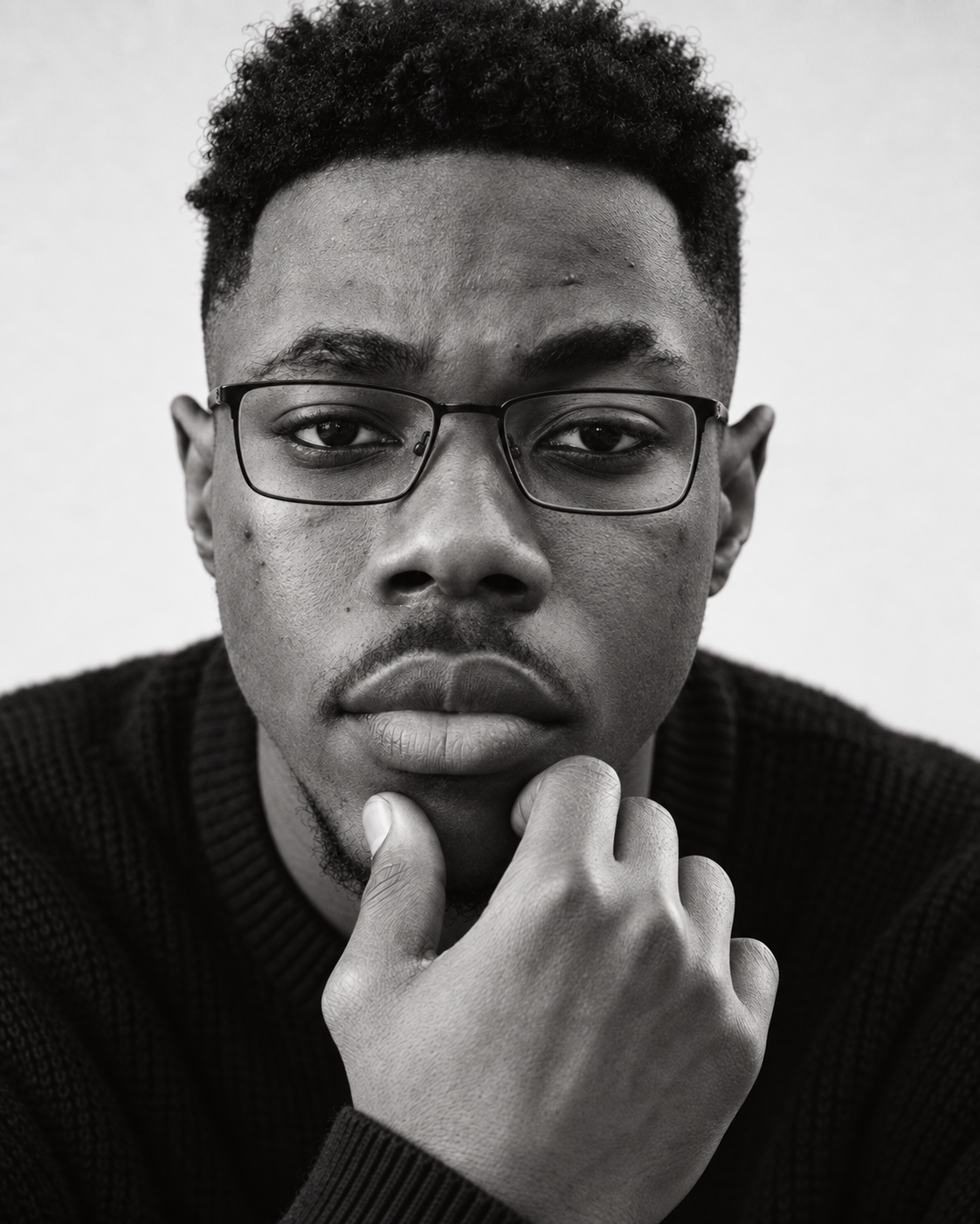 Ese Curtis wearing glasses in a close-up studio portrait